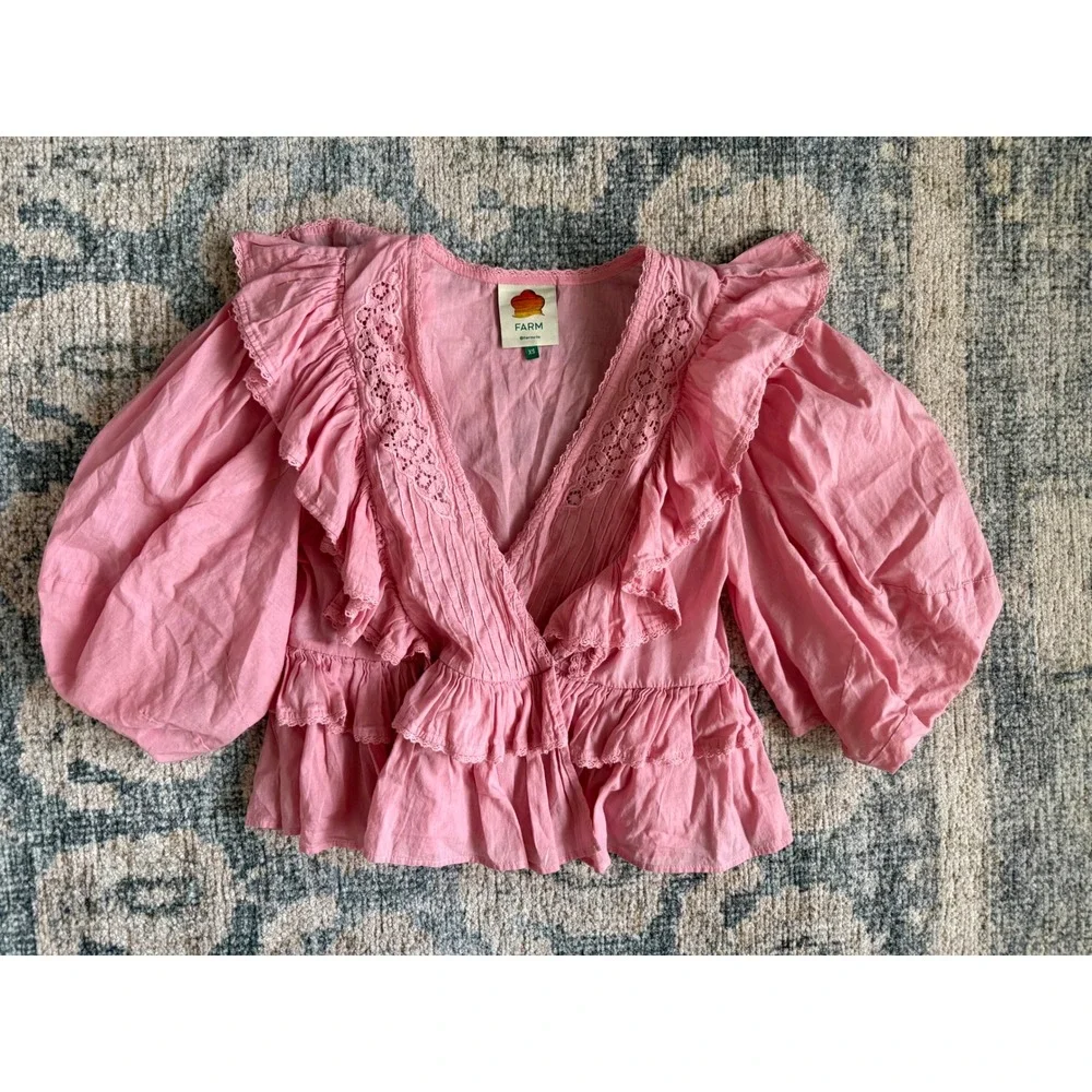 Farm Rio Blush Pink Wrap Blouse Top‎ Puff Sleeve Size XS Excellent Condition